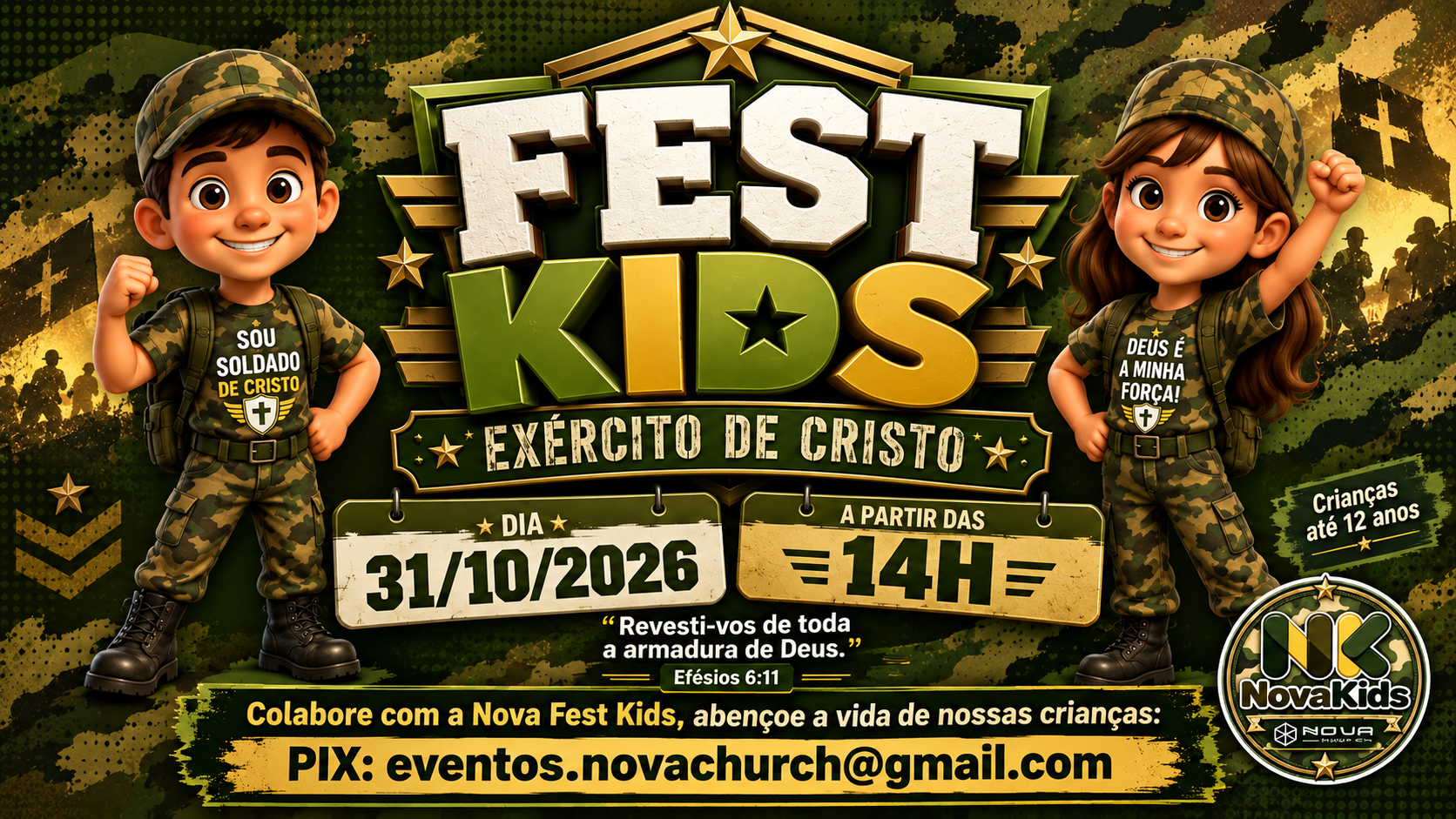 Nova Fest Kids — Exército de Cristo. 31 de outubro de 2026, a partir das 14h. Crianças até 12 anos.